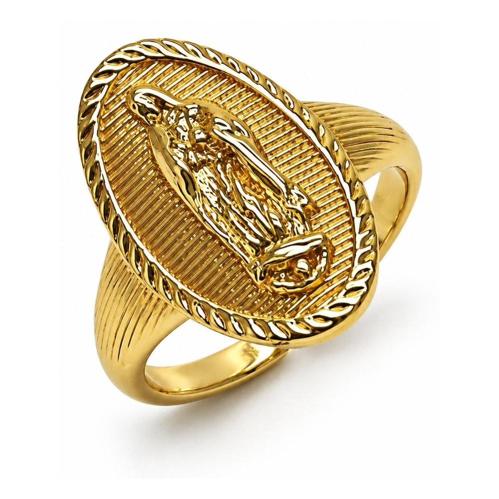 Oro Laminado Elegant Ring, Gold Filled Style Guadalupe Design, Diamond Cutting Finish, Golden Finish