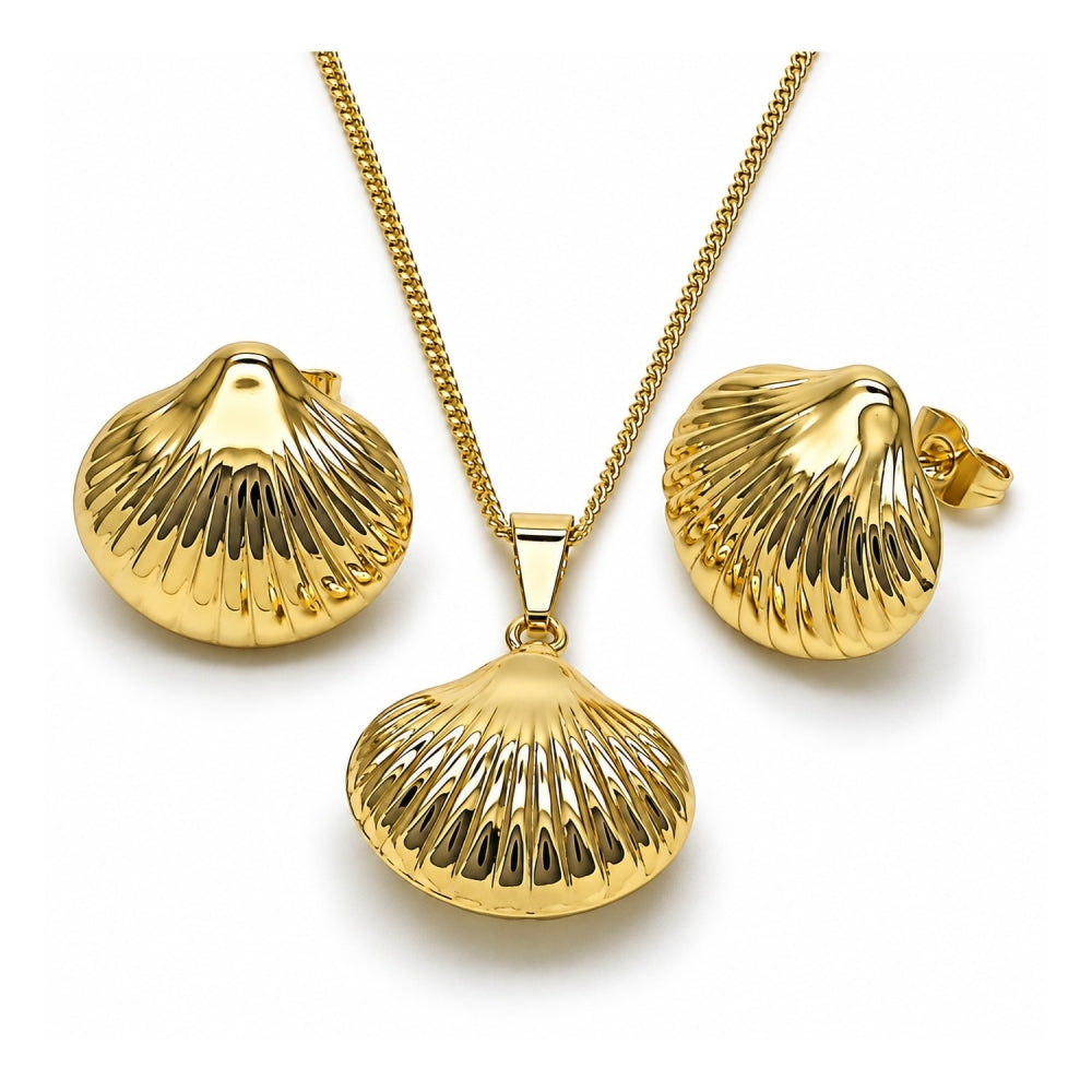 Oro Laminado Earring and Pendant Adult Set, Gold Filled Style Shell and Hollow Design, Polished, Golden Finish