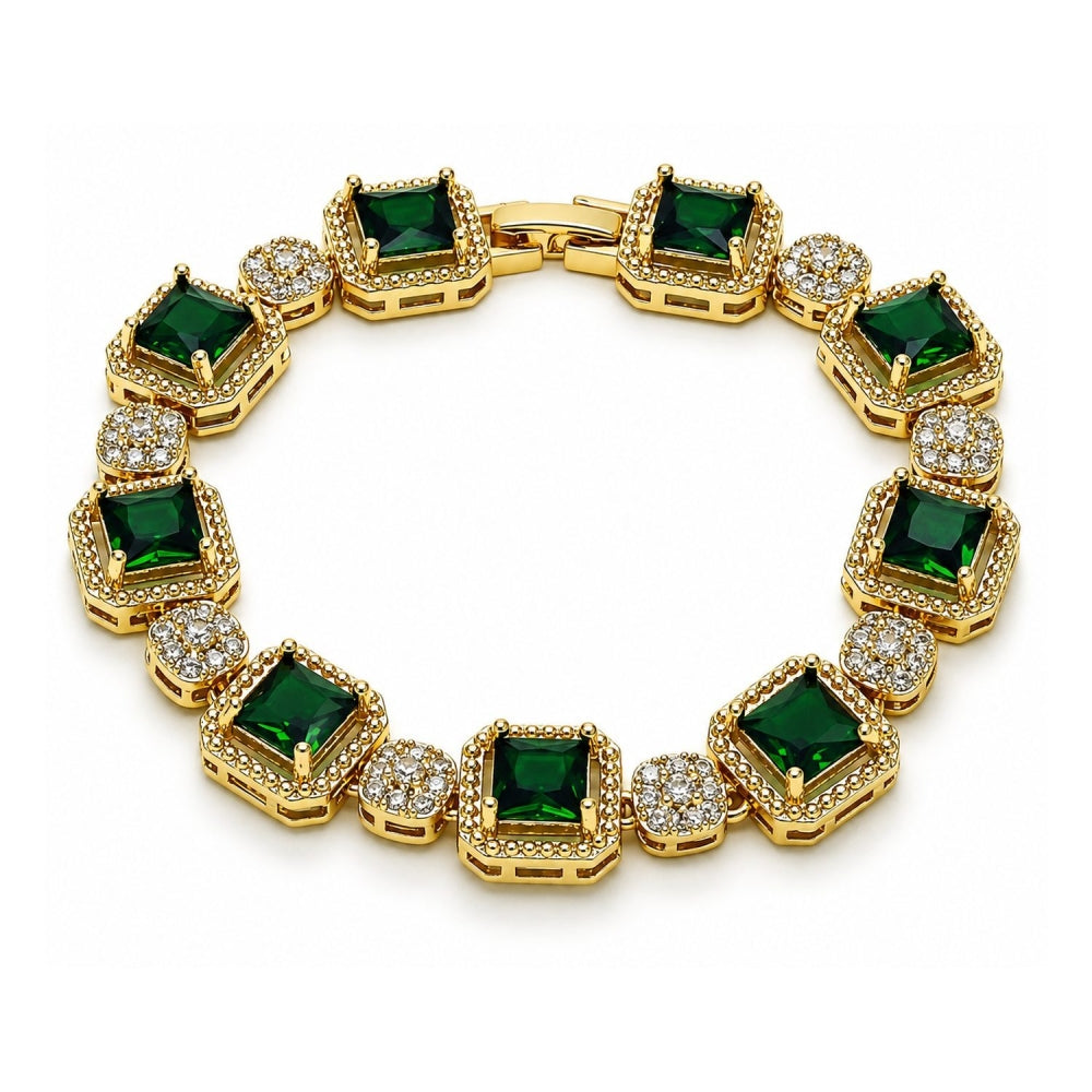 Oro Laminado Tennis Bracelet, Gold Filled Style Cluster Design, with Green and White Cubic Zirconia, Polished, Golden Finish