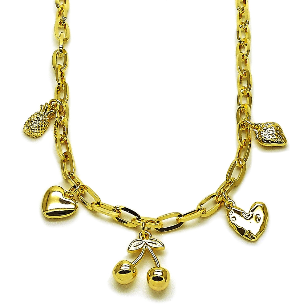 Oro Laminado Fancy Necklace, Gold Filled Style Cherry and Heart Design, Polished, Golden Finish