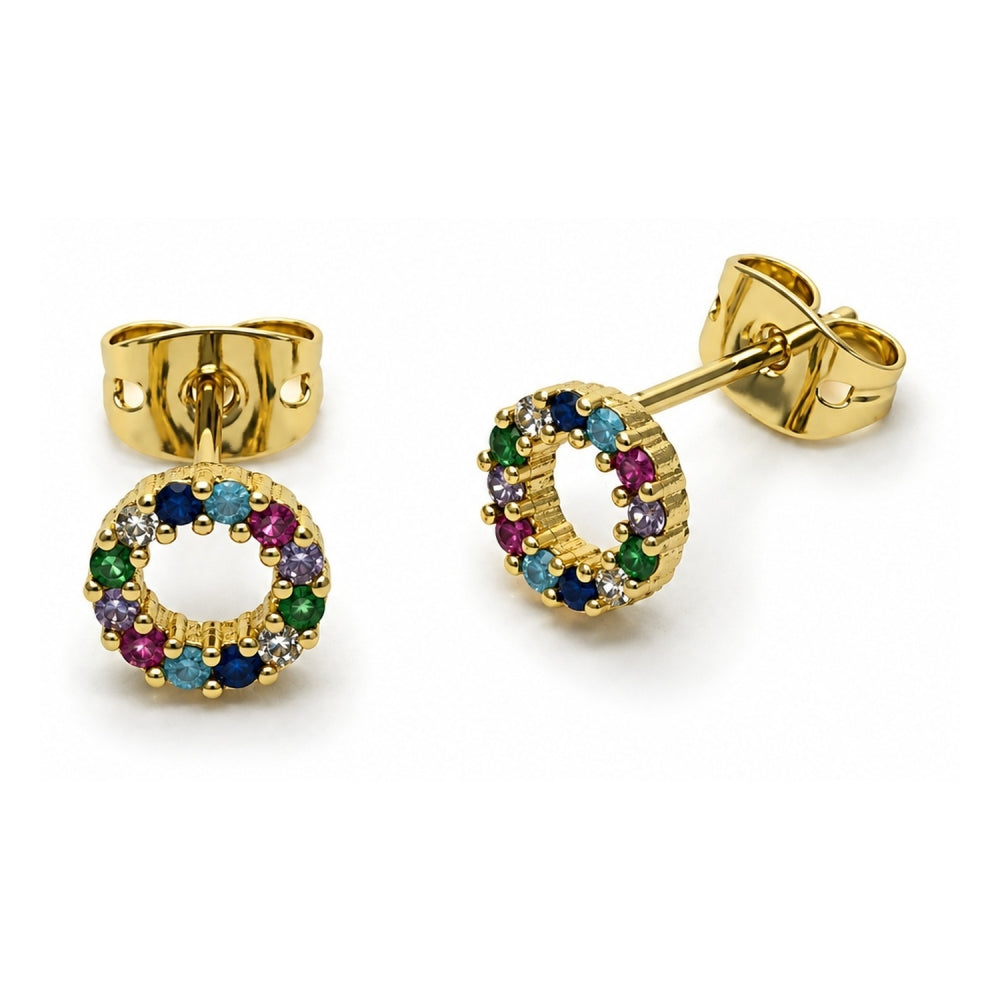 Oro Laminado Stud Earring, Gold Filled Style with Multicolor Cubic Zirconia, Polished, Golden Finish