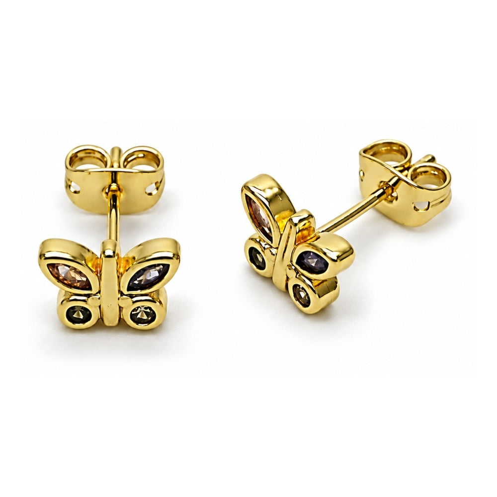 Oro Laminado Stud Earring, Gold Filled Style Butterfly Design, with Multicolor Cubic Zirconia, Polished, Golden Finish