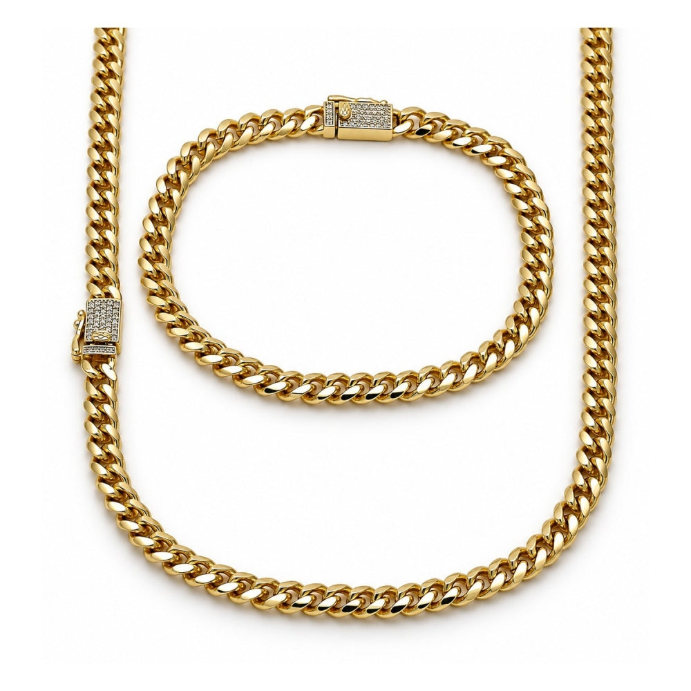 Oro Laminado Necklace and Bracelet, Gold Filled Style Miami Cuban Design, with White Micro Pave, Polished, Golden Finish