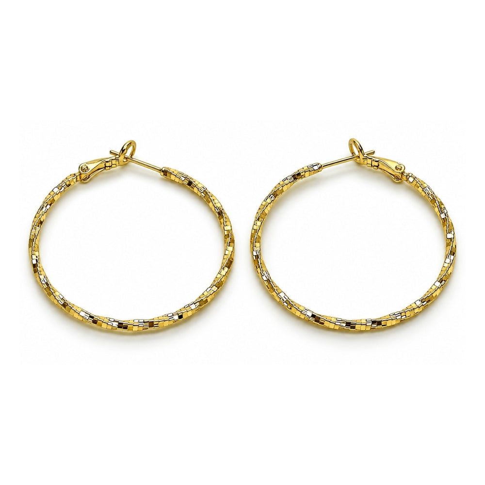 Oro Laminado Medium Hoop, Gold Filled Style Twist Design, Diamond Cutting Finish, Golden Finish