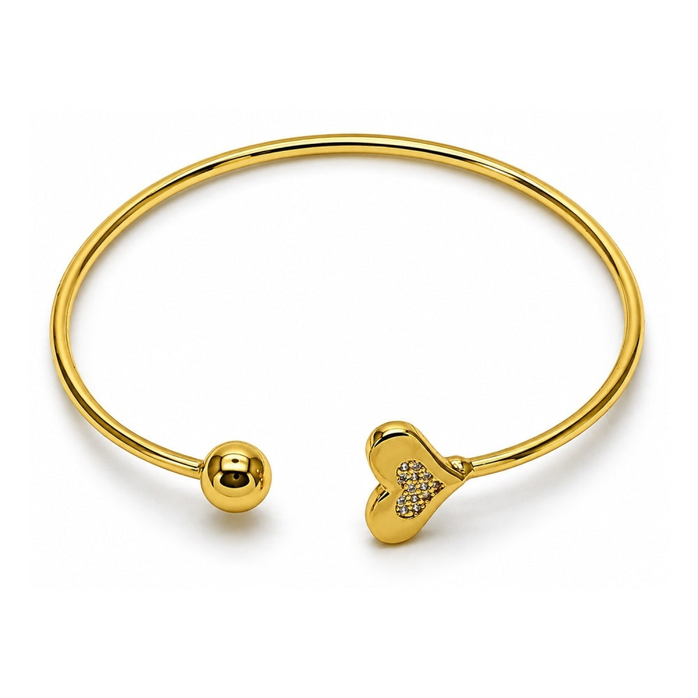 Oro Laminado Individual Bangle, Gold Filled Style Heart and Ball Design, with White Micro Pave, Polished, Golden Finish