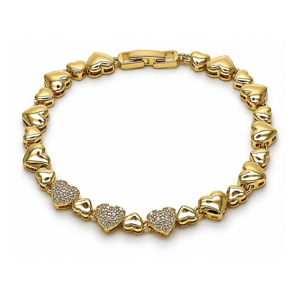 Oro Laminado Fancy Bracelet, Gold Filled Style Heart Design, with White Cubic Zirconia, Polished, Golden Finish