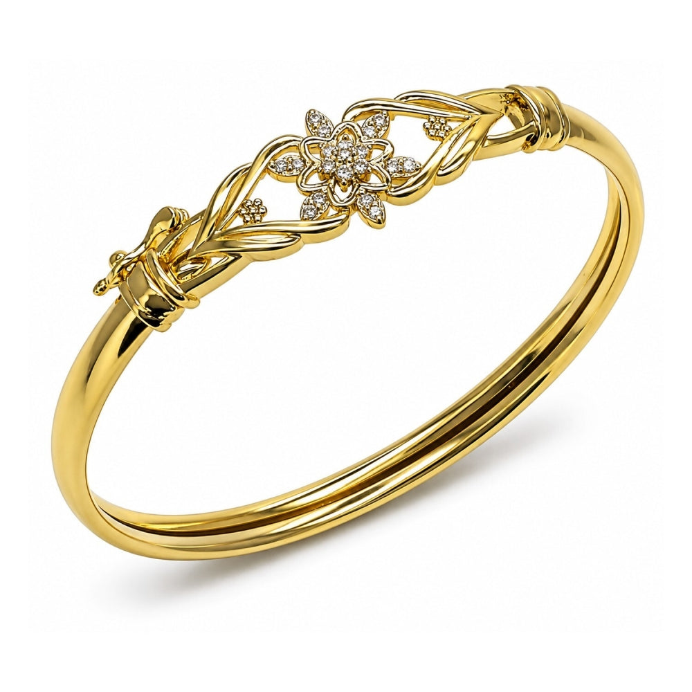 Oro Laminado Individual Bangle, Gold Filled Style Flower Design, with White Cubic Zirconia, Polished, Golden Finish