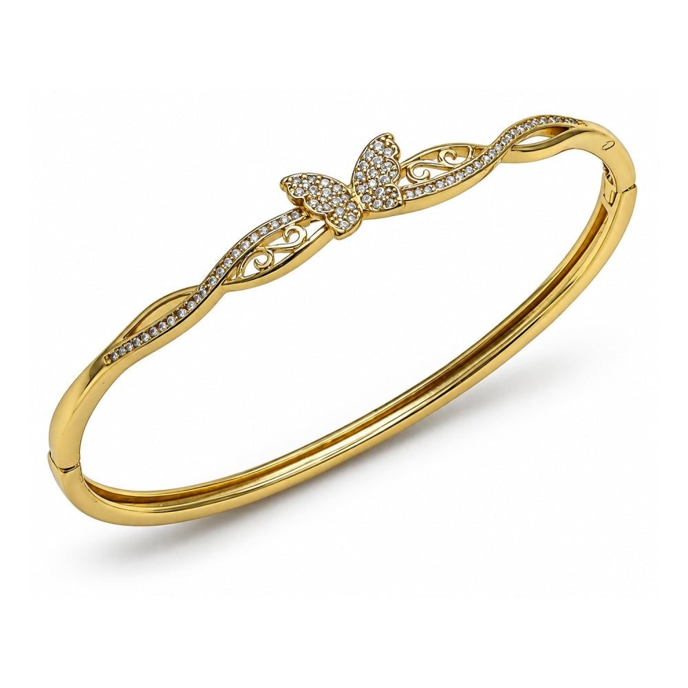 Oro Laminado Individual Bangle, Gold Filled Style Butterfly Design, with White Micro Pave, Polished, Golden Finish