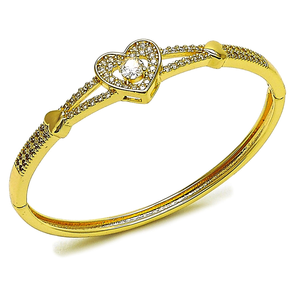 Oro Laminado Individual Bangle, Gold Filled Style Heart Design, with White Cubic Zirconia, Polished, Golden Finish