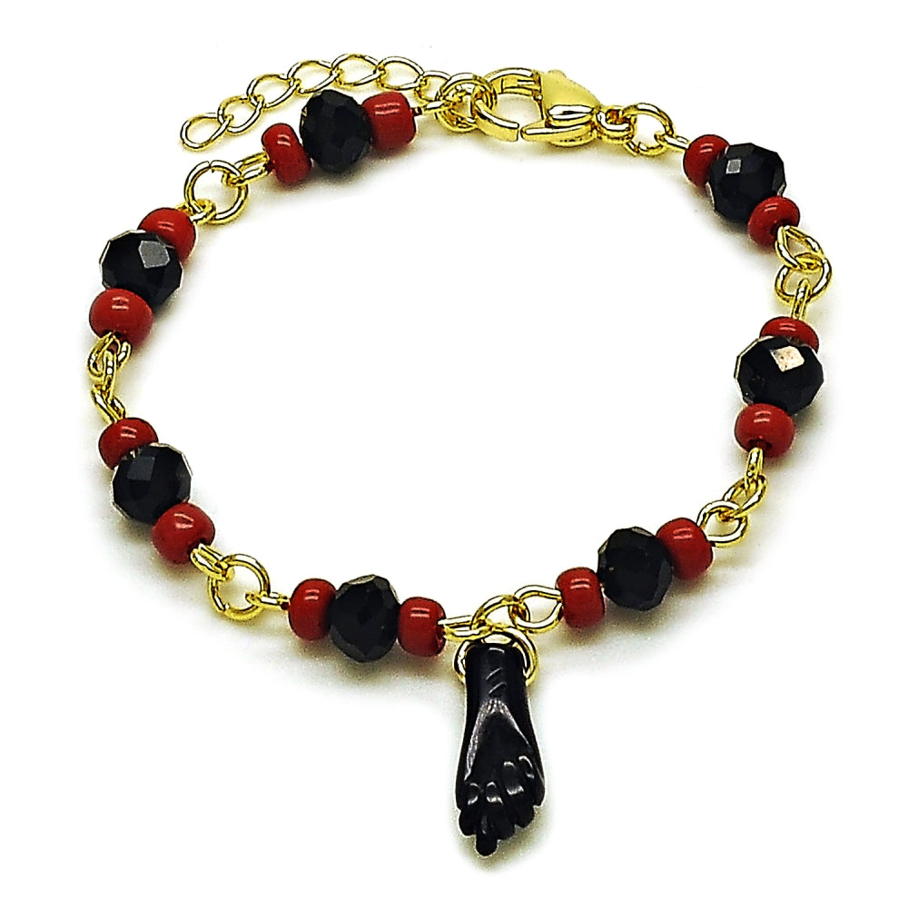 Oro Laminado Charm Bracelet, Gold Filled Style Figa Hand Design, with Black and Garnet Crystal, Polished, Golden Finish