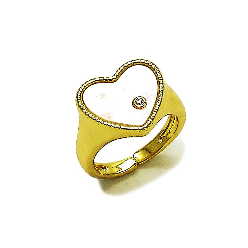 Oro Laminado Multi Stone Ring, Gold Filled Style Heart Design, with Ivory Mother of Pearl and White Cubic Zirconia, Polished, Golden Finish