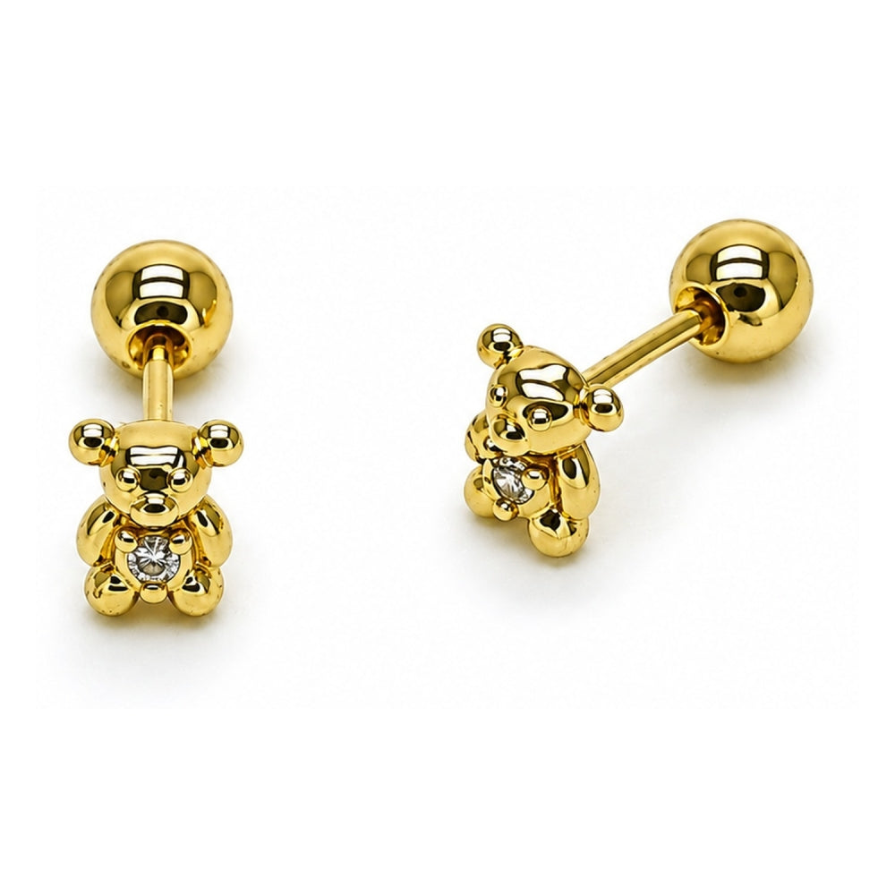 Oro Laminado Stud Earring, Gold Filled Style Teddy Bear Design, with White Cubic Zirconia, Polished, Golden Finish