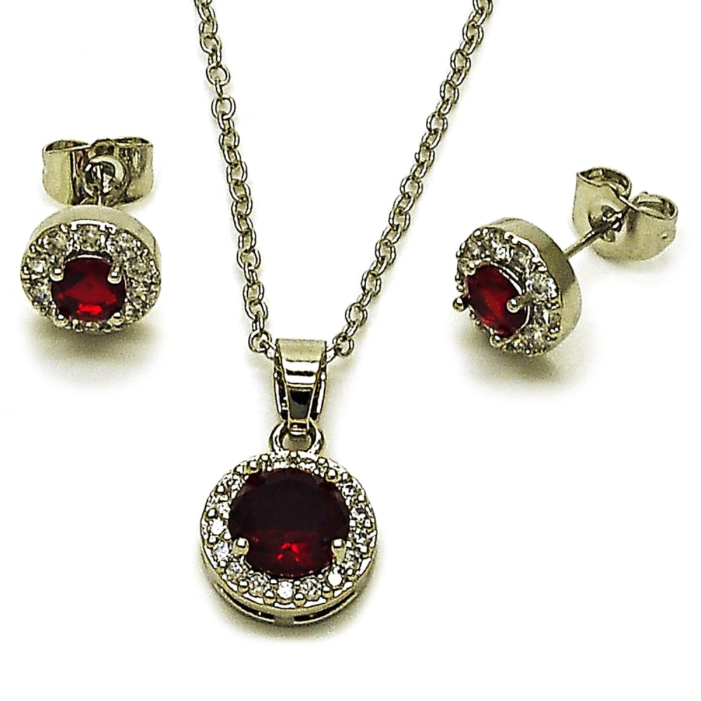 Rhodium Gold Filled Earring and Pendant Adult Set, Cluster and Rolo Design, with Garnet and White Cubic Zirconia, Polished, Rhodium Finish