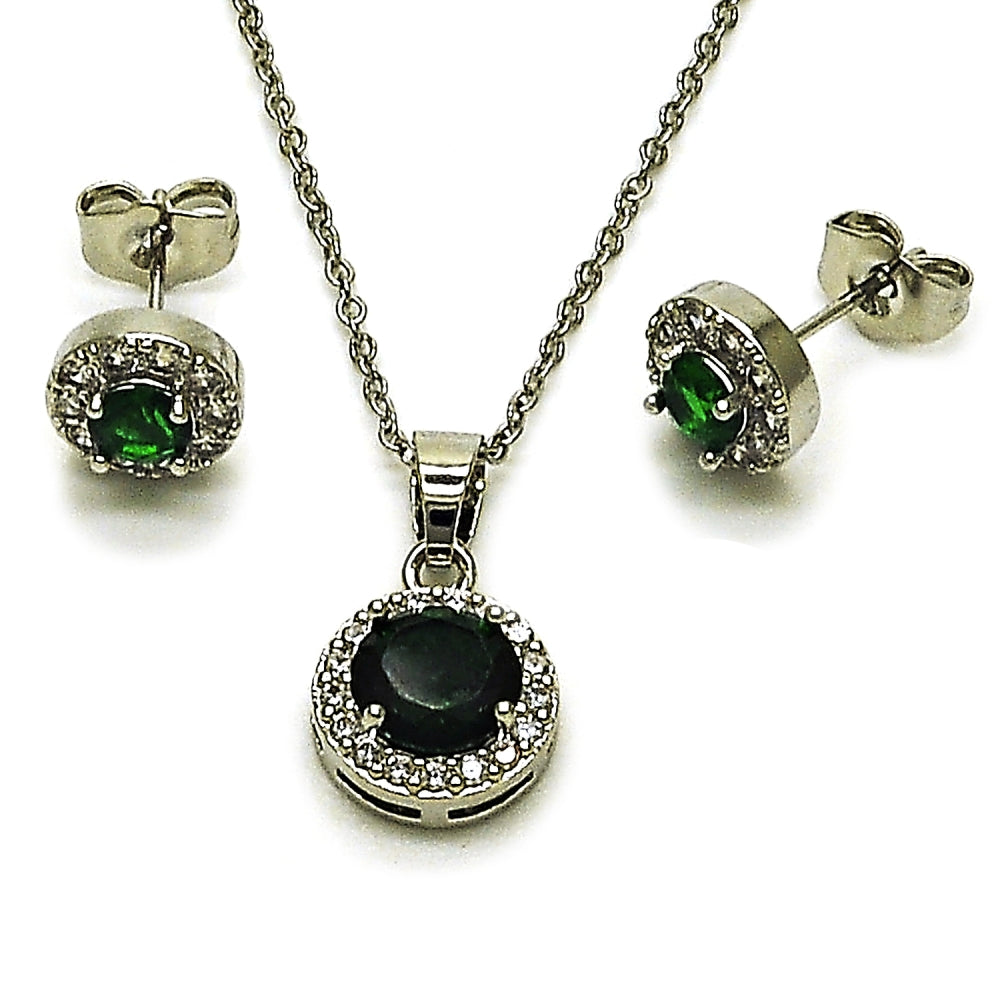 Rhodium Gold Filled Earring and Pendant Adult Set, Cluster and Rolo Design, with Green and White Cubic Zirconia, Polished, Rhodium Finish