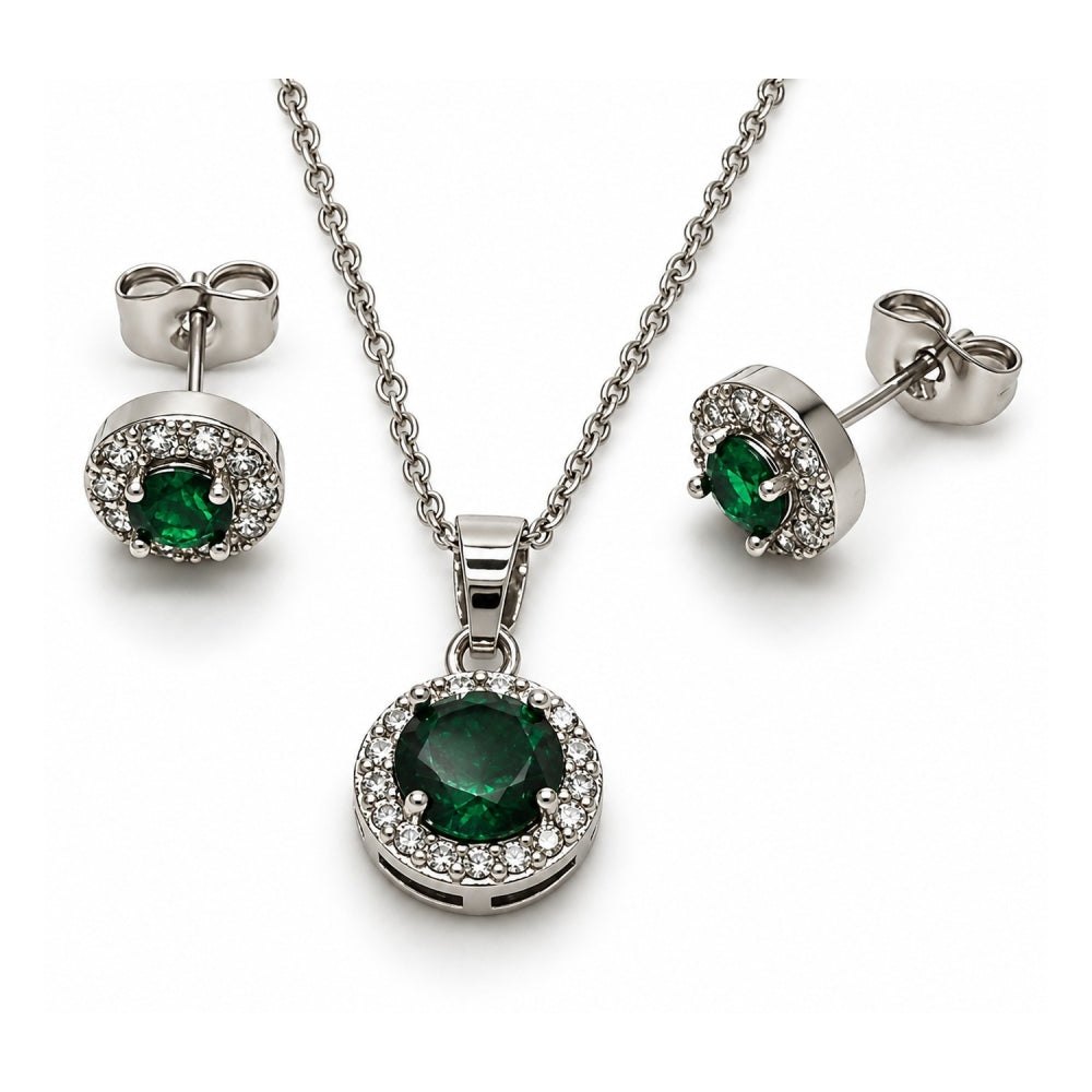 White Gold Filled Earring and Pendant Adult Set, Cluster and Rolo Design, with Green and White Cubic Zirconia, Polished, Rhodium Finish