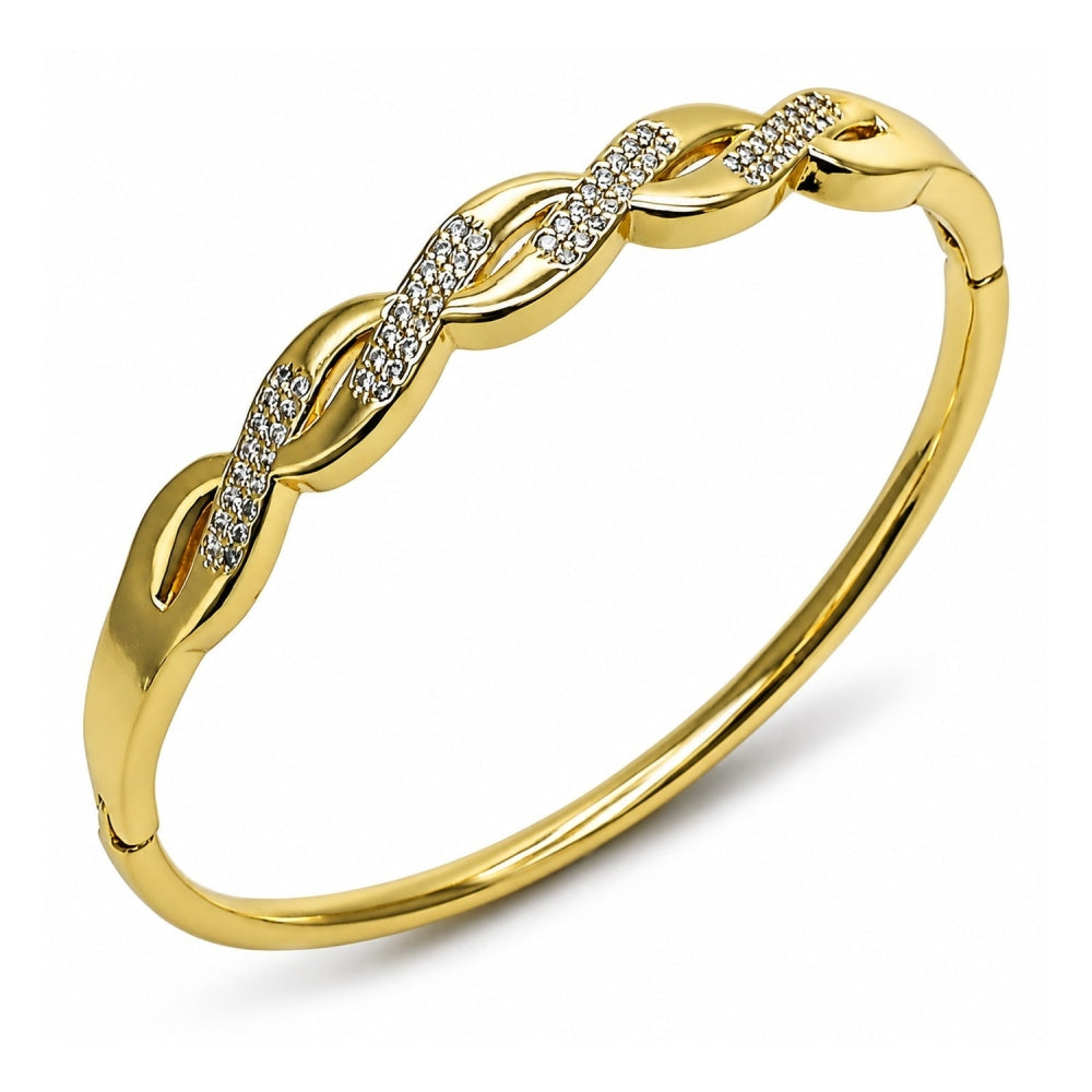 Oro Laminado Individual Bangle, Gold Filled Style Twist Design, with White Cubic Zirconia, Polished, Golden Finish
