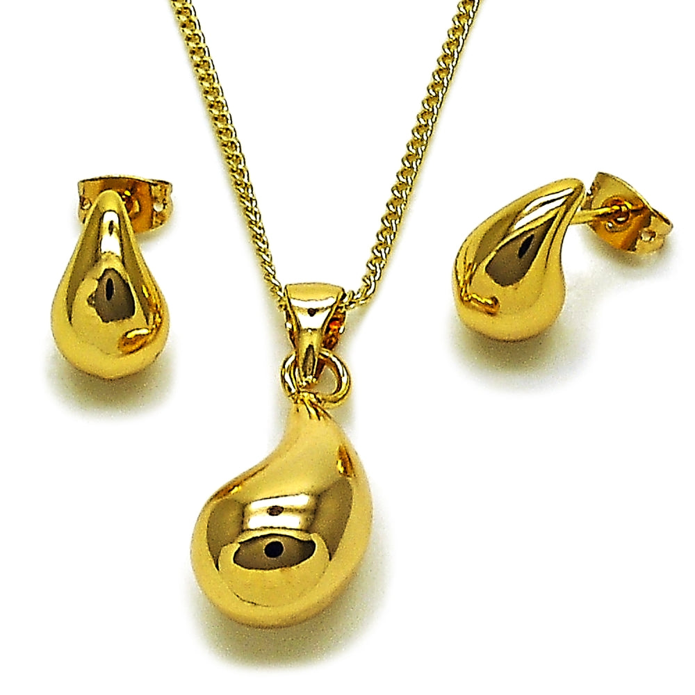 Oro Laminado Earring and Pendant Adult Set, Gold Filled Style Teardrop and Hollow Design, Polished, Golden Finish