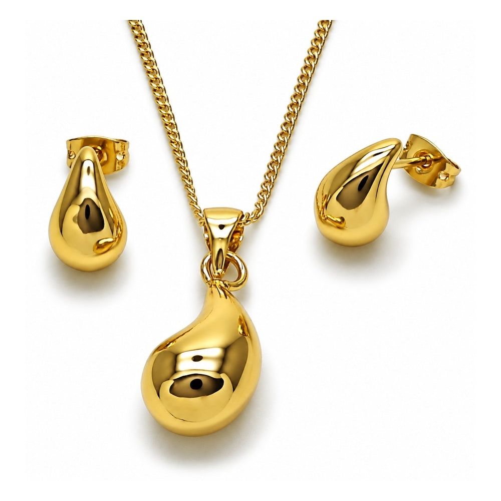 Oro Laminado Earring and Pendant Adult Set, Gold Filled Style Teardrop and Hollow Design, Polished, Golden Finish