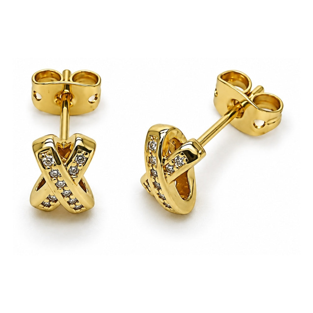Oro Laminado Stud Earring, Gold Filled Style with White Micro Pave, Polished, Golden Finish