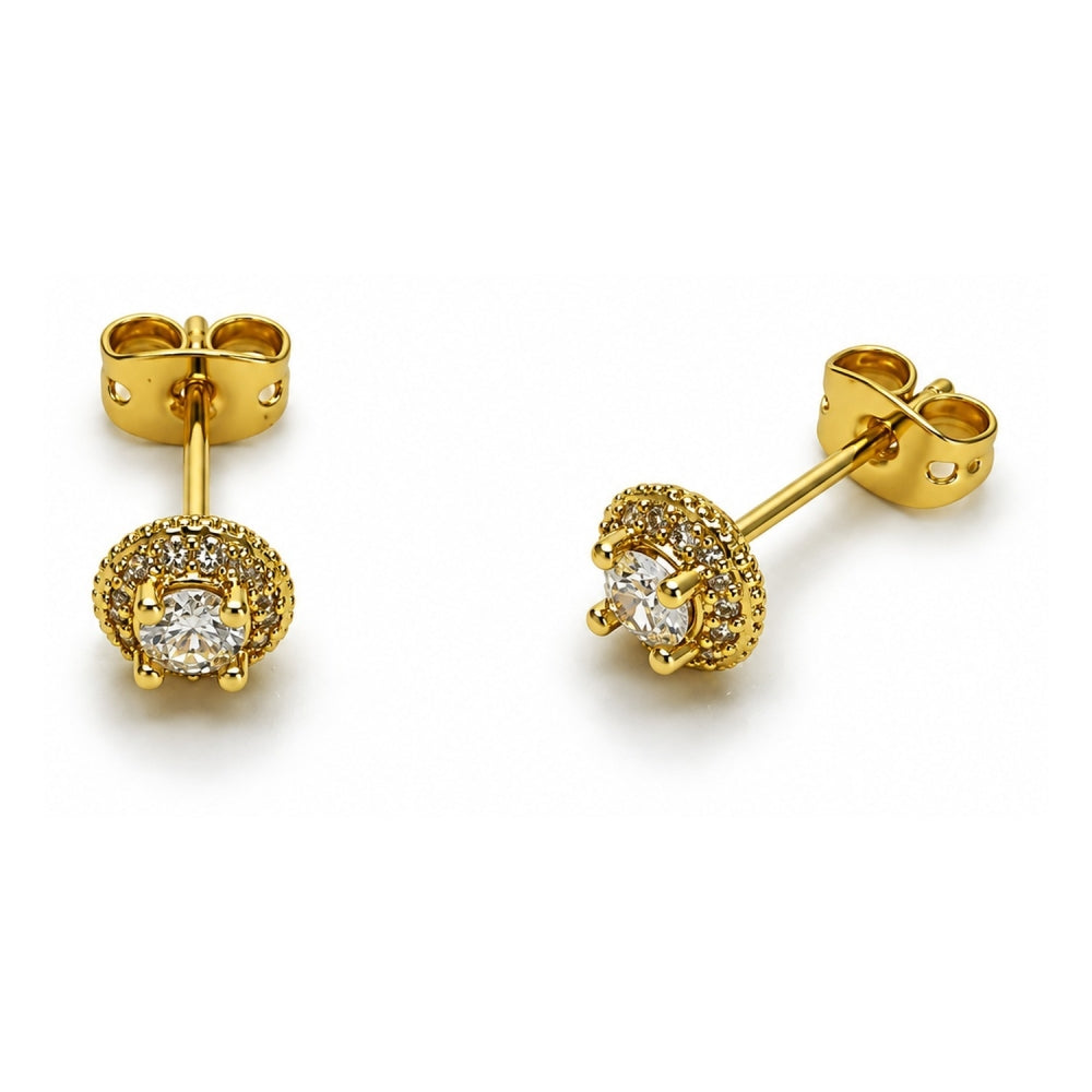 Oro Laminado Stud Earring, Gold Filled Style Cluster Design, with White Cubic Zirconia and White Micro Pave, Polished, Golden Finish
