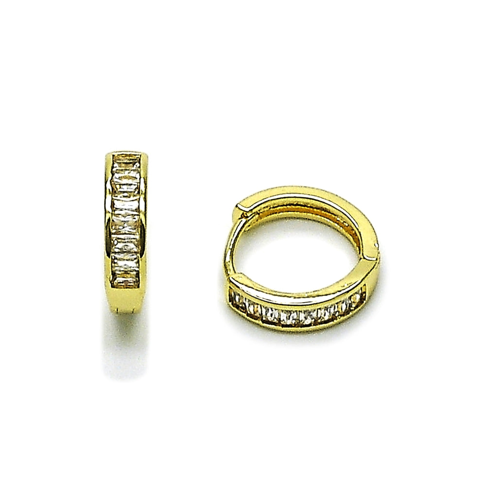 Oro Laminado Huggie Hoop, Gold Filled Style Baguette Design, with White Cubic Zirconia, Polished, Golden Finish