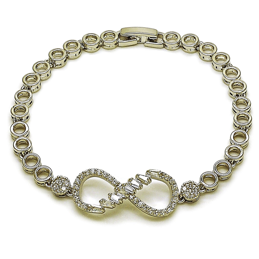 Rhodium Gold Filled Fancy Bracelet, Infinite and Baguette Design, with White Cubic Zirconia and White Micro Pave, Polished, Rhodium Finish