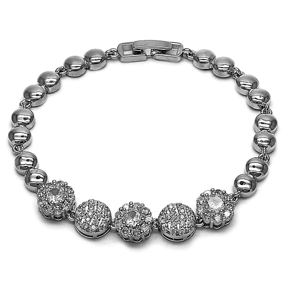 Rhodium Gold Filled Fancy Bracelet, Cluster Design, with White Cubic Zirconia and White Micro Pave, Polished, Rhodium Finish