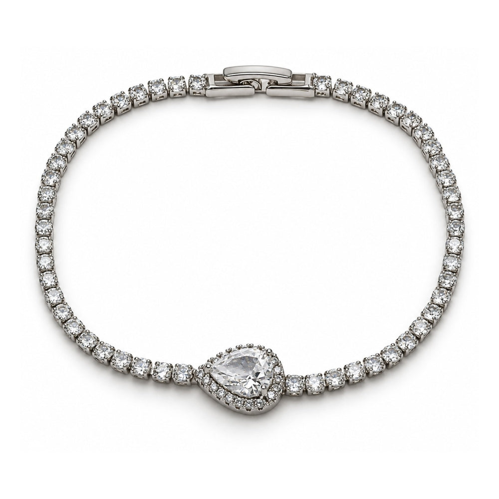 White Gold Filled Fancy Bracelet, Teardrop and Cluster Design, with White Cubic Zirconia and White Micro Pave, Polished, Rhodium Finish