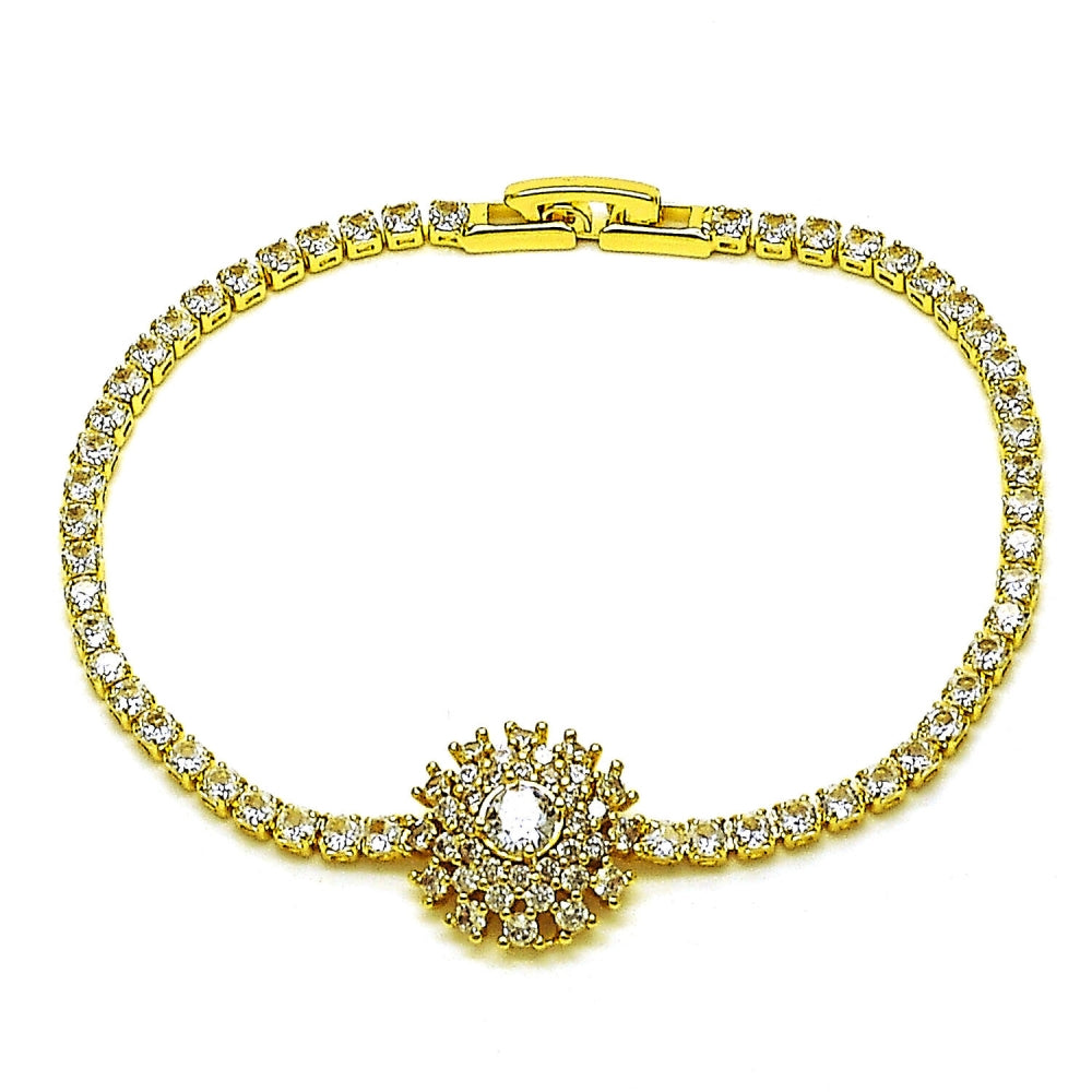 Oro Laminado Fancy Bracelet, Gold Filled Style Flower Design, with White Cubic Zirconia, Polished, Golden Finish