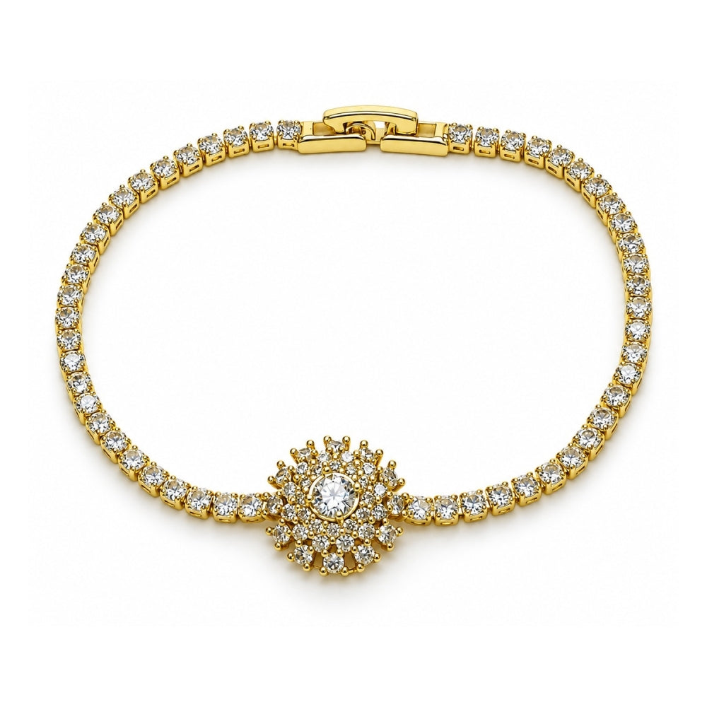 Oro Laminado Fancy Bracelet, Gold Filled Style Flower Design, with White Cubic Zirconia, Polished, Golden Finish