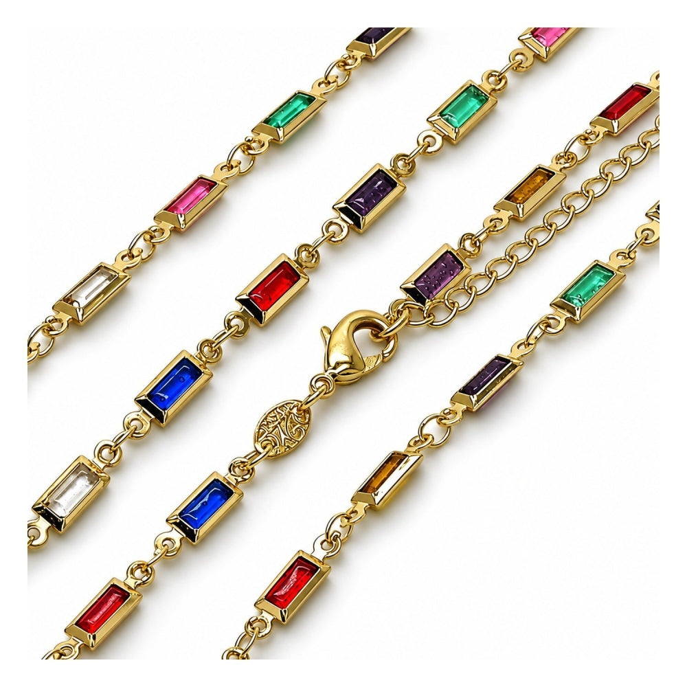 Oro Laminado Fancy Necklace, Gold Filled Style Baguette Design, with Multicolor Crystal, Polished, Golden Finish
