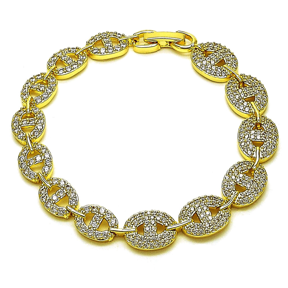 Oro Laminado Tennis Bracelet, Gold Filled Style Puff Mariner Design, with White Cubic Zirconia and White Micro Pave, Polished, Golden Finish