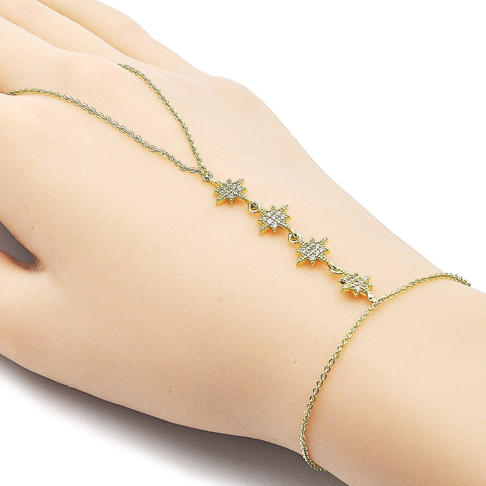 Oro Laminado Fancy Bracelet, Gold Filled Style Star and Rolo Design, with White Micro Pave, Polished, Golden Finish