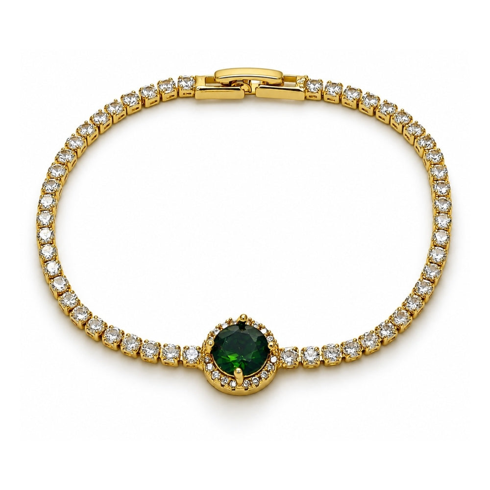Oro Laminado Fancy Bracelet, Gold Filled Style Cluster Design, with Green and White Cubic Zirconia, Polished, Golden Finish