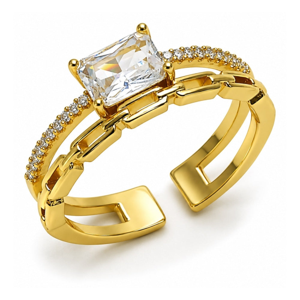 Oro Laminado Multi Stone Ring, Gold Filled Style Paperclip Design, with White Cubic Zirconia and White Micro Pave, Polished, Golden Finish