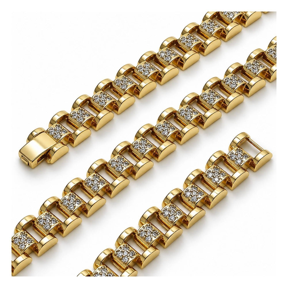 Oro Laminado Tennis Bracelet, Gold Filled Style Belt Buckle and Jubilee Design, with White Cubic Zirconia, Polished, Golden Finish
