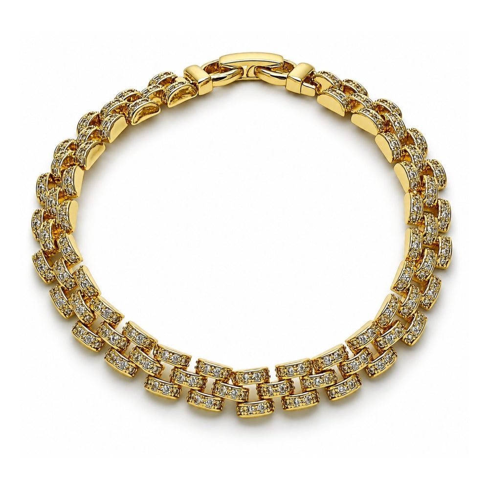 Oro Laminado Tennis Bracelet, Gold Filled Style Belt Buckle Design, with White Micro Pave, Polished, Golden Finish