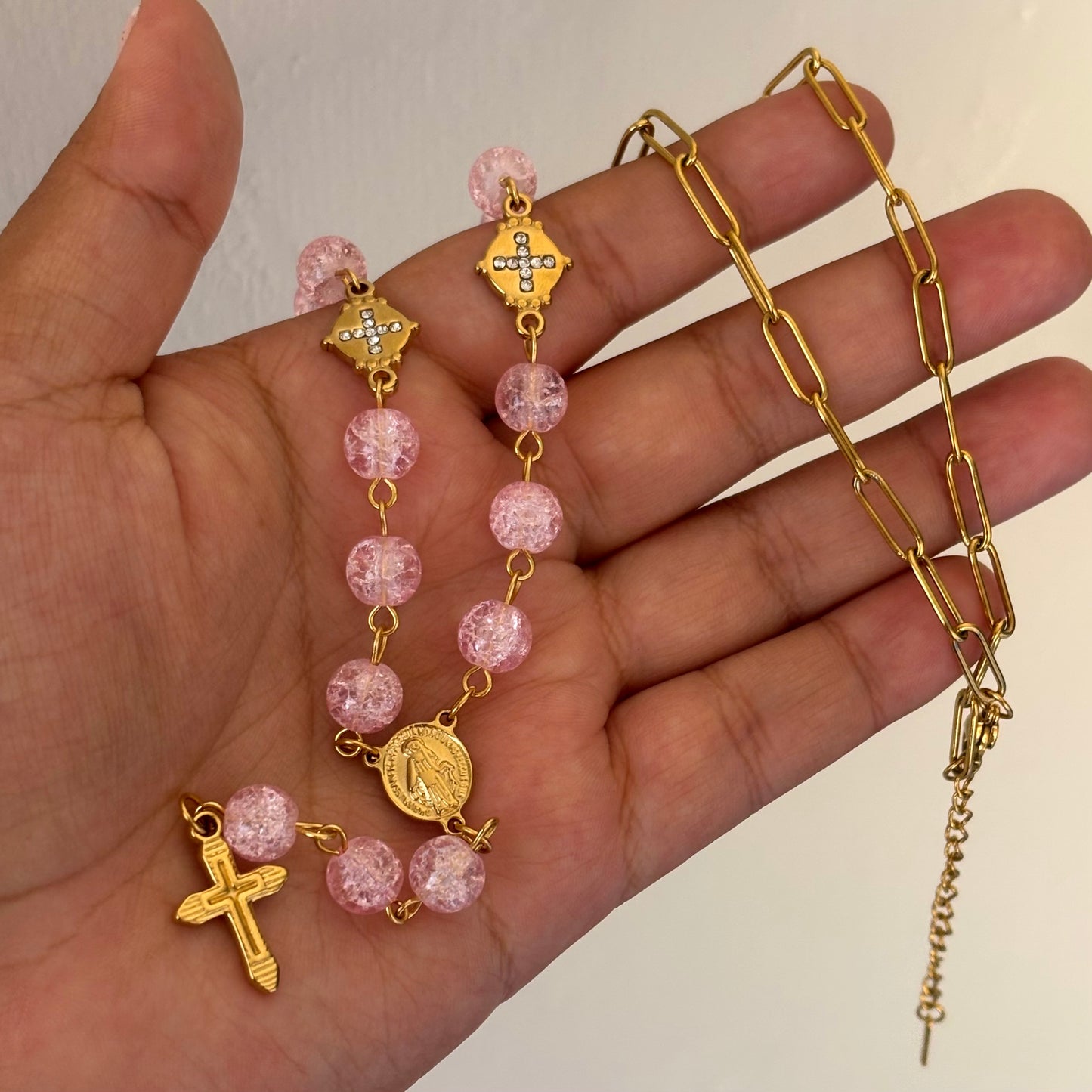 Pink Cross Rosary Necklace