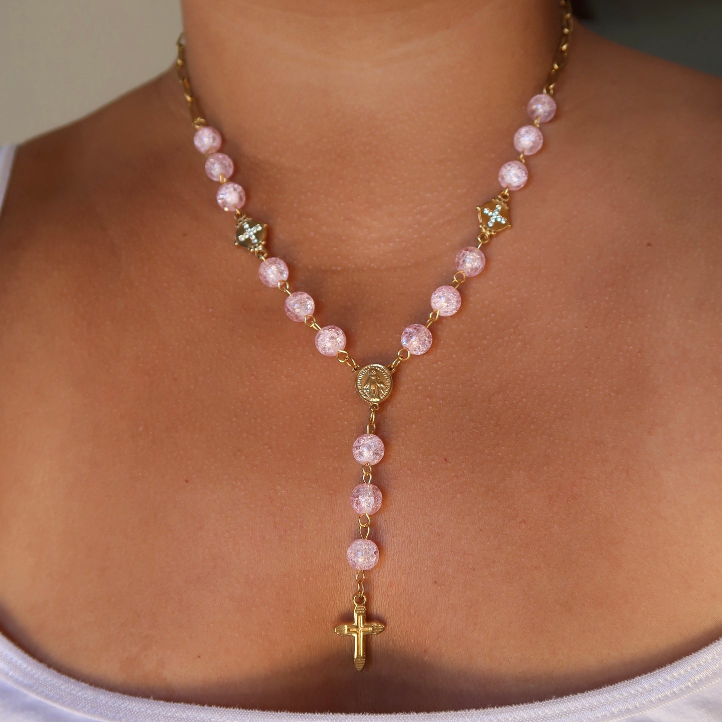Pink Cross Rosary Necklace