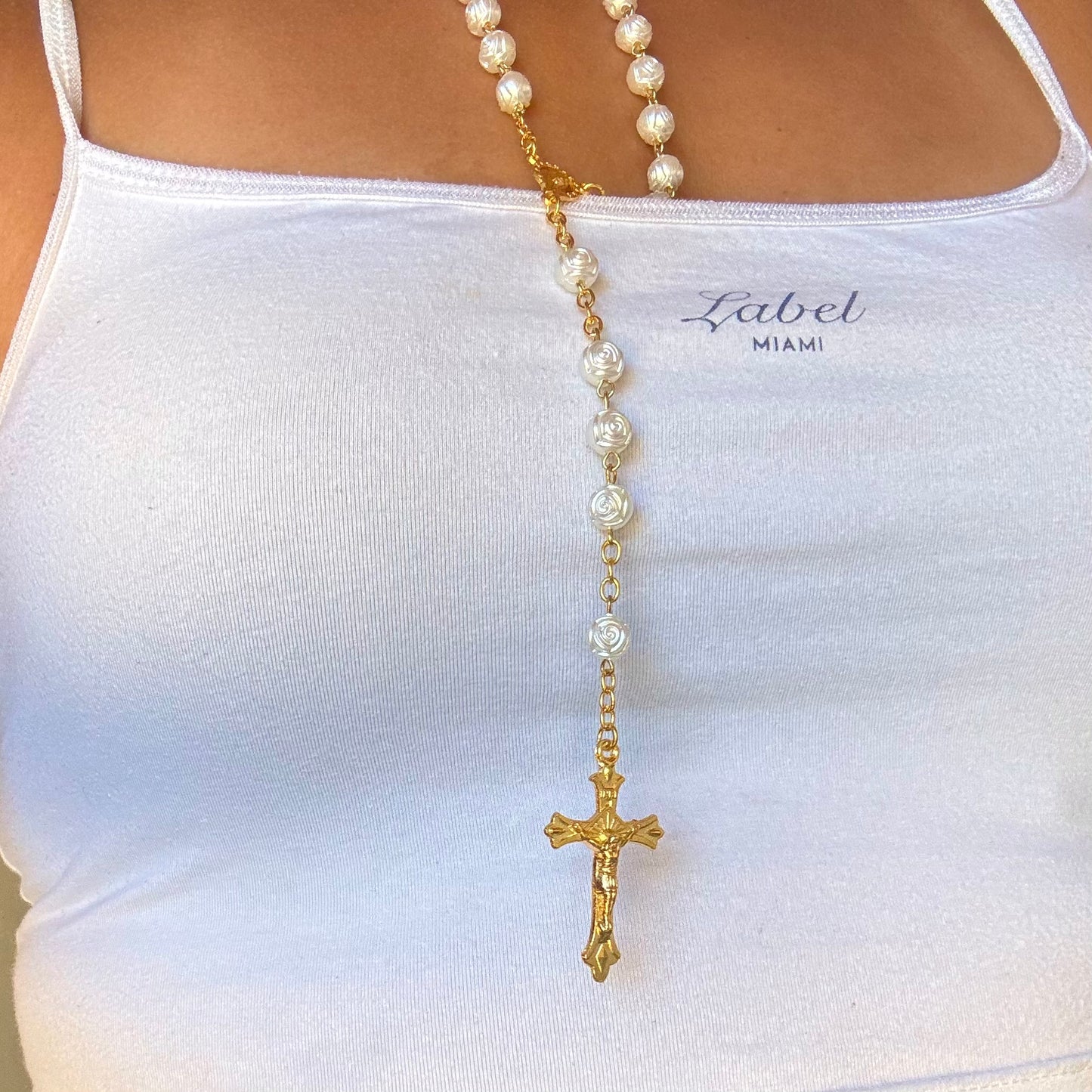 White Rose Rosary Necklace