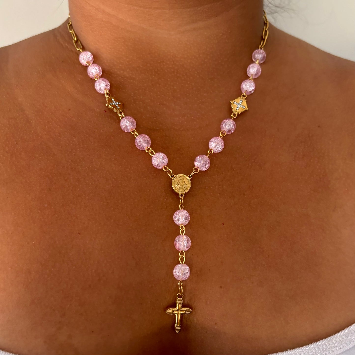 Pink Cross Rosary Necklace