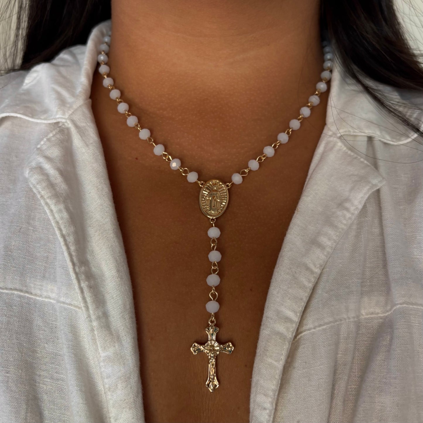 White Beaded Rosary Necklace