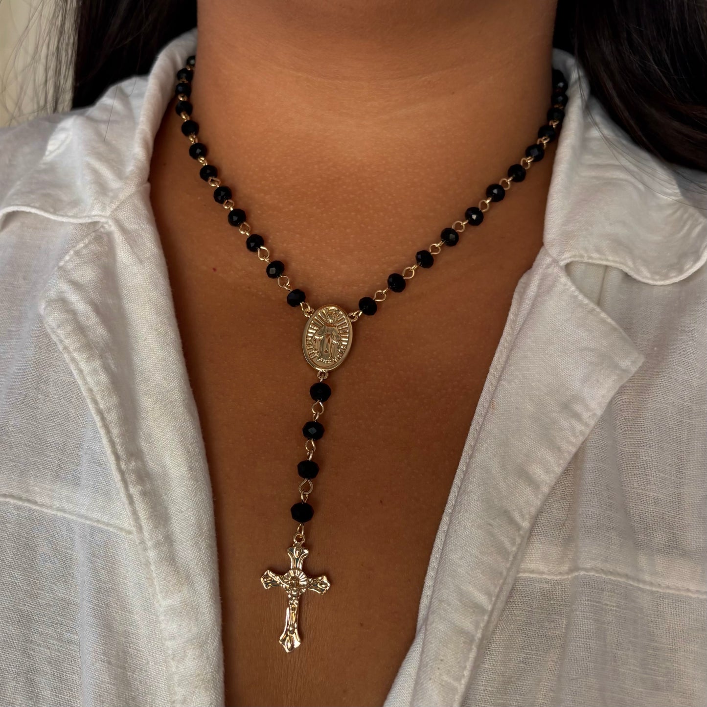 Black Beaded Rosary Necklace