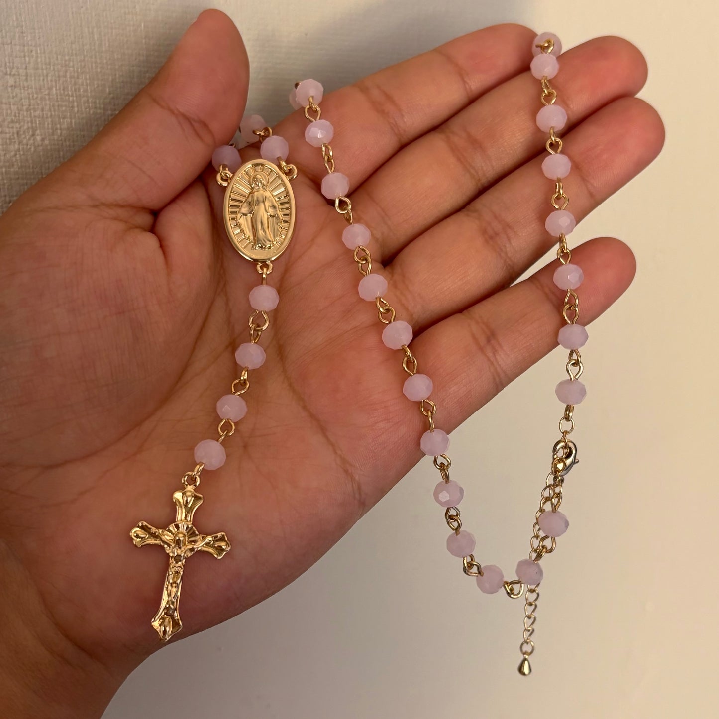 Pink Beaded Rosary Necklace