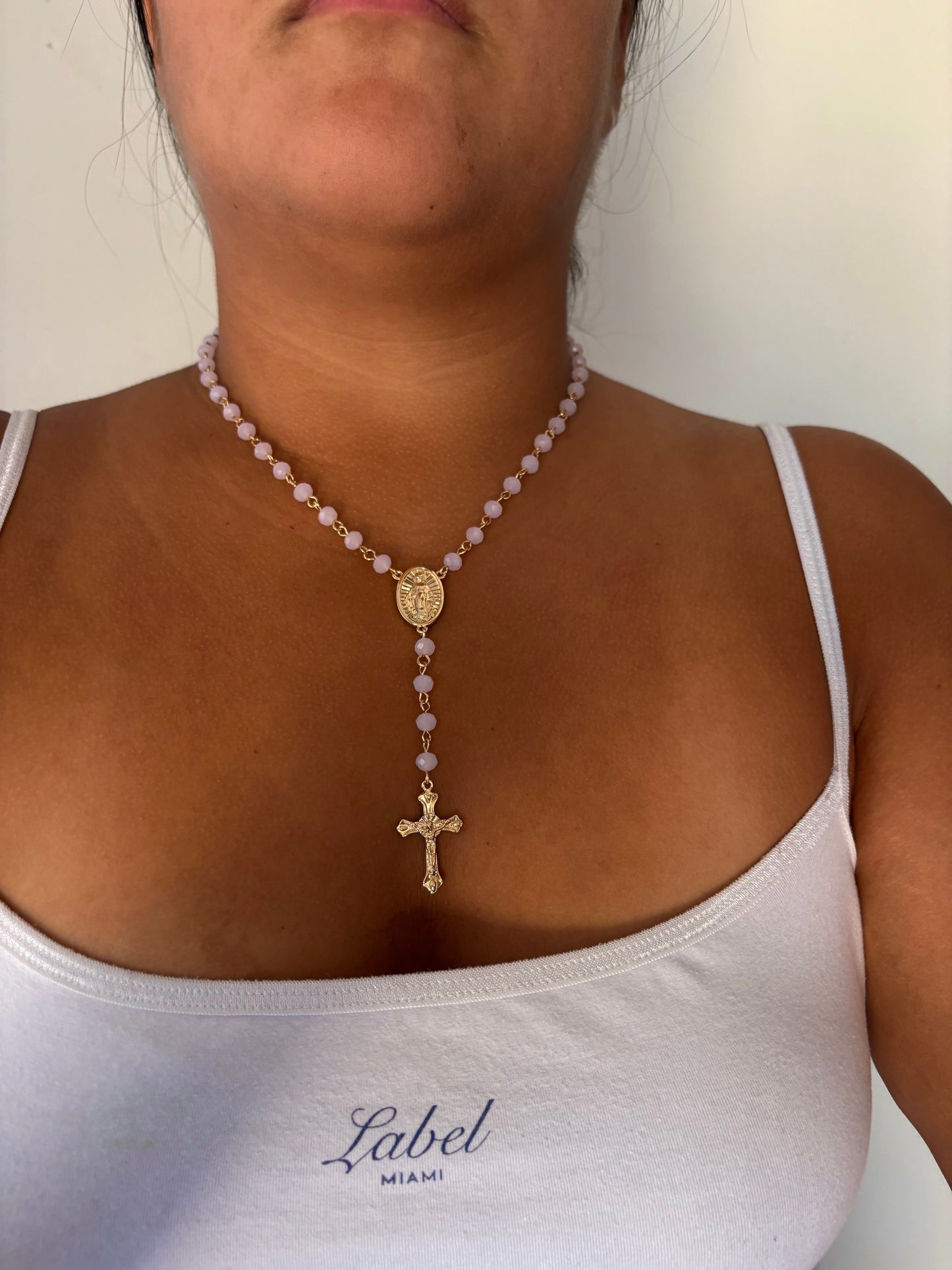 Pink Beaded Rosary Necklace
