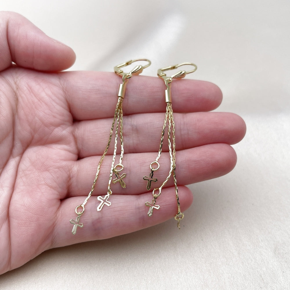Oro Laminado Long Earring, Gold Filled Style Cross Design, Polished, Golden Finish