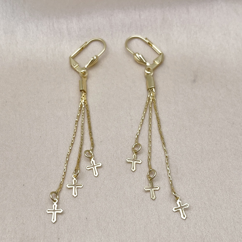 Oro Laminado Long Earring, Gold Filled Style Cross Design, Polished, Golden Finish