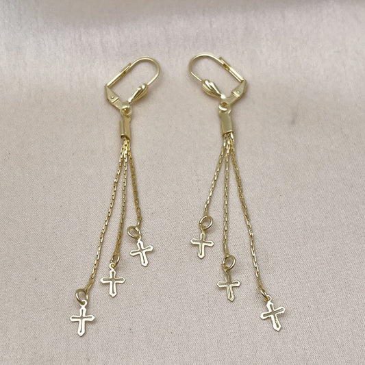 Oro Laminado Long Earring, Gold Filled Style Cross Design, Polished, Golden Finish