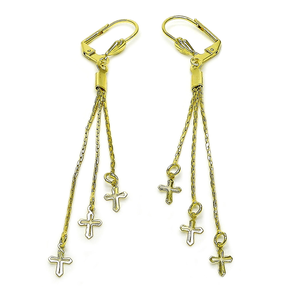 Oro Laminado Long Earring, Gold Filled Style Cross Design, Polished, Golden Finish