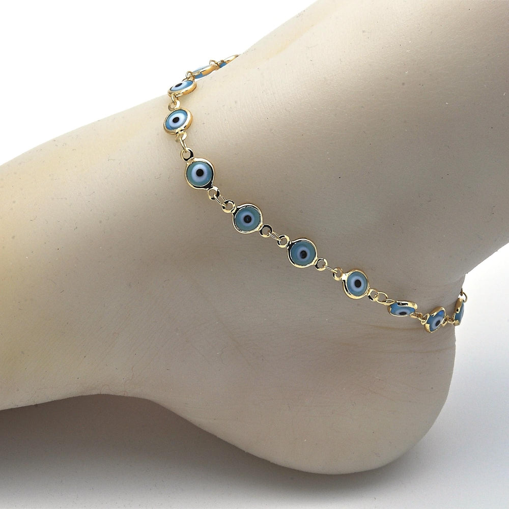Oro Laminado Fancy Anklet, Gold Filled Style Evil Eye Design, Acqua Resin Finish, Golden Finish